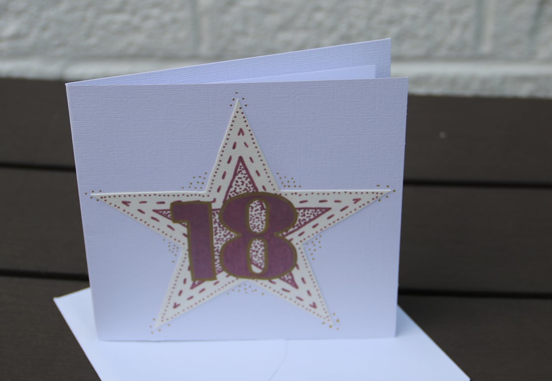 18th birthday card - handdrawn pink & gold star, pointillism centre, 6x6" card