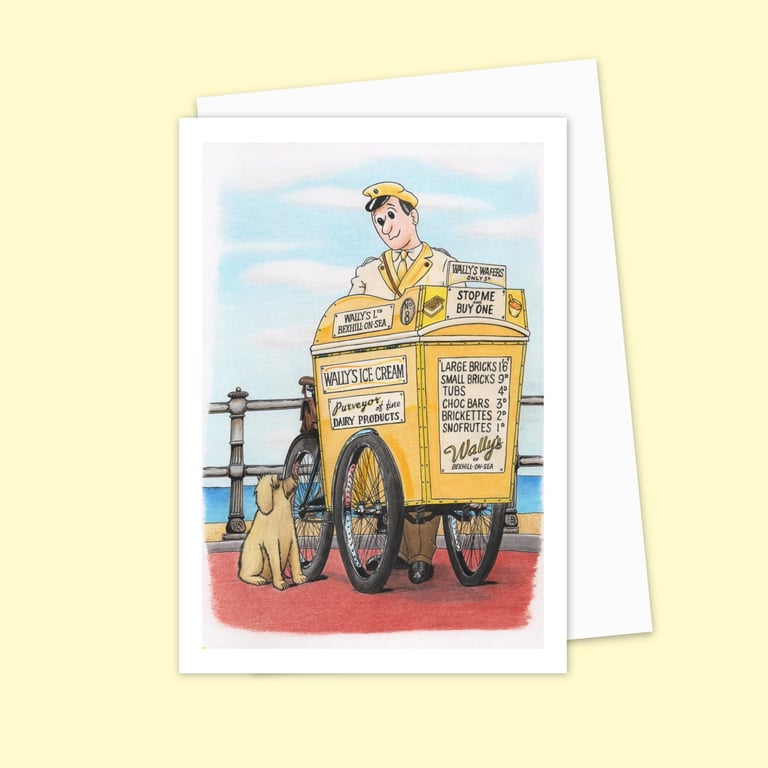 Seaside Greeting Card: Pencil Illustration of an Ice Cream Man and a Dog (810)