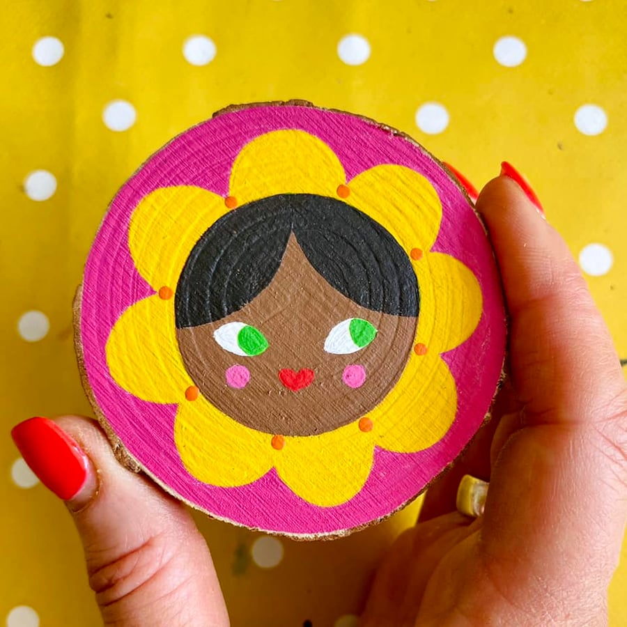 SunFlower Girl - Small, Hand Painted Rustic Wooden Slice
