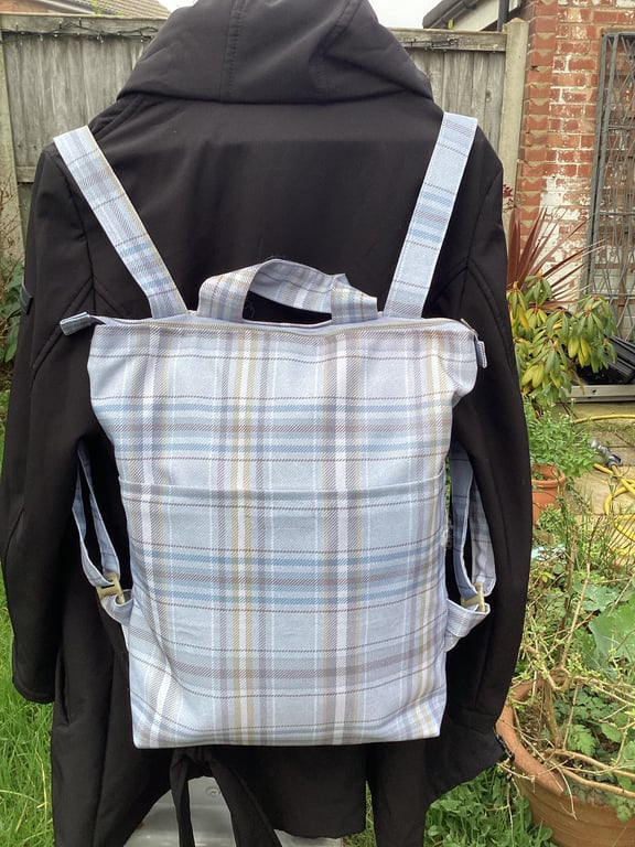 Blue checked fabric back pack, only one made