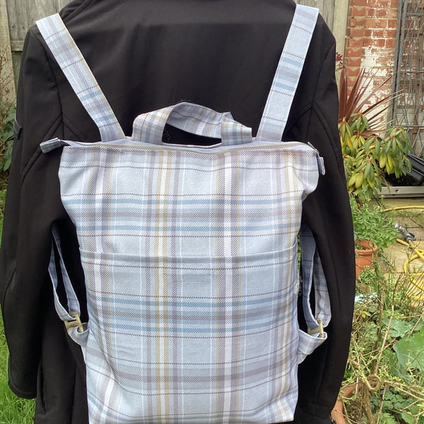 Blue checked fabric back pack, only one made