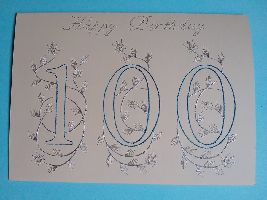 Hand Embroidered 100th Birthday Card.