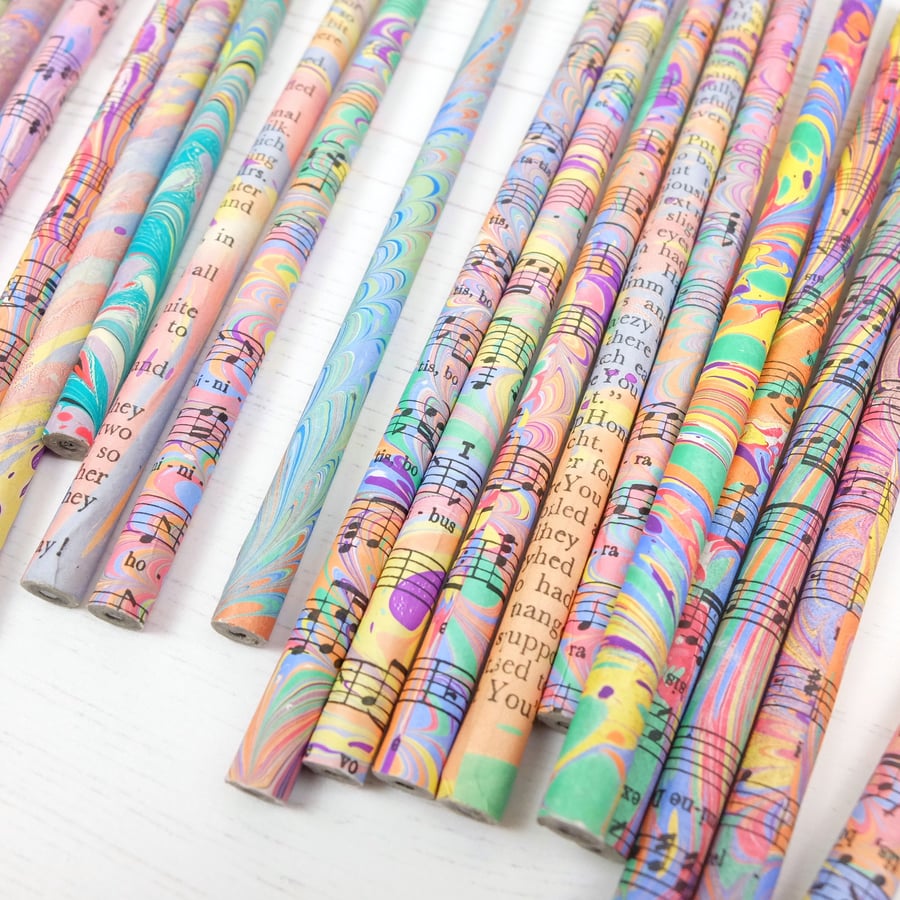 Rainbow Marbled ephemera recycled newspaper pencils pot luck 