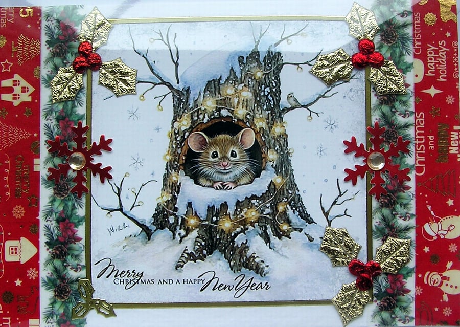 Hand Crafted Decoupage Chistmas Card - Merry Christmas (3234) Mouse in a Tree