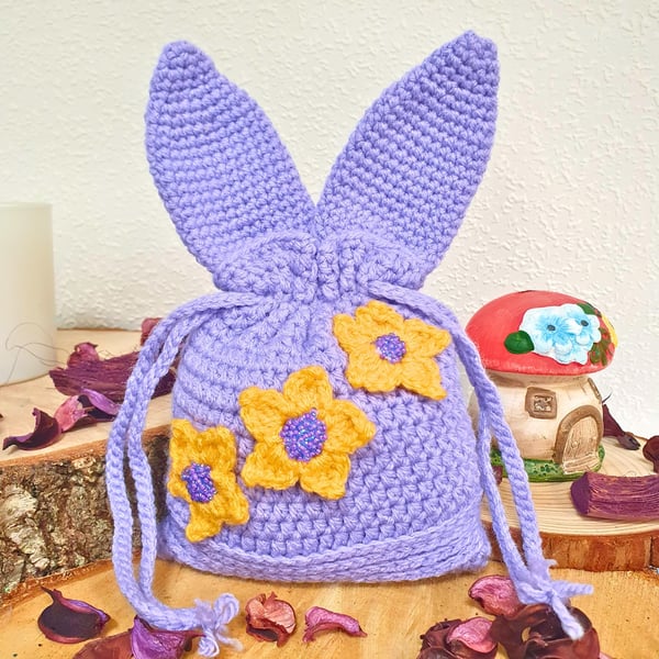 Bunny ears gift pouch in Lavender Purple, crochet drawstring treat bag,  gift bag