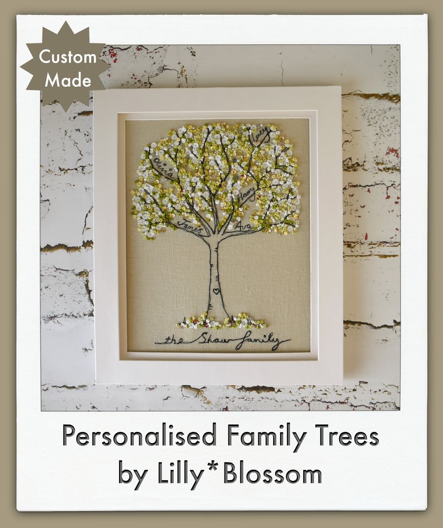 Personalised Family Trees, freehand embroidered with family names added