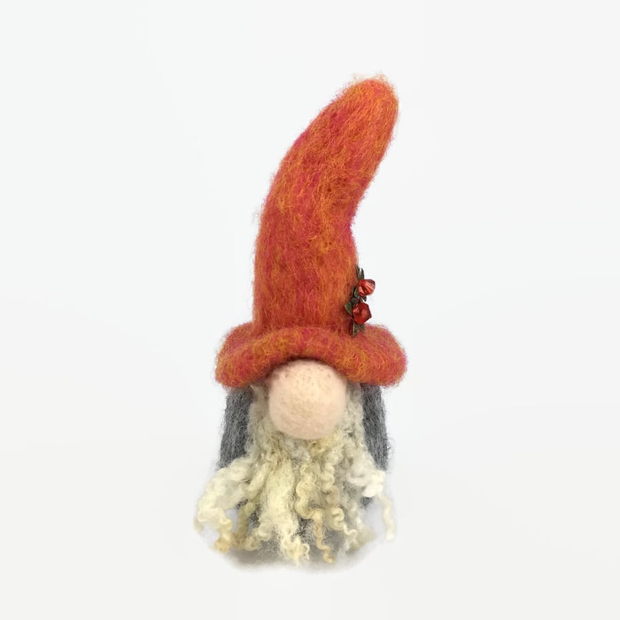 Needle felted tomte gnome with orange hat