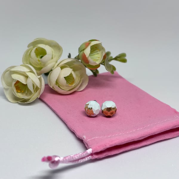 Pale Green and Gold Button Studs, Minimalist Earrings 