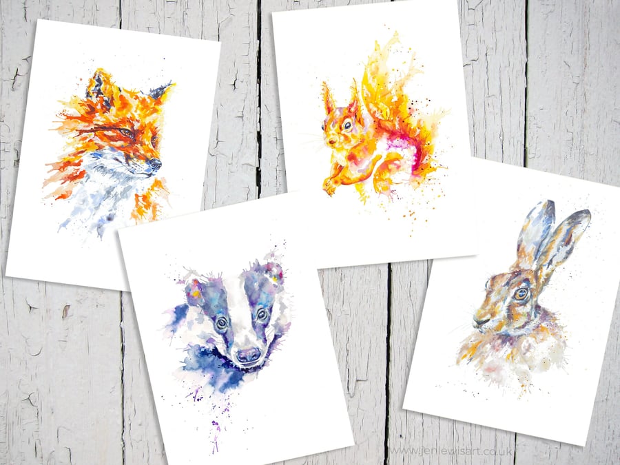 British Wildlife Art Cards, fox hare badger squirrel, premium quality, set of 4