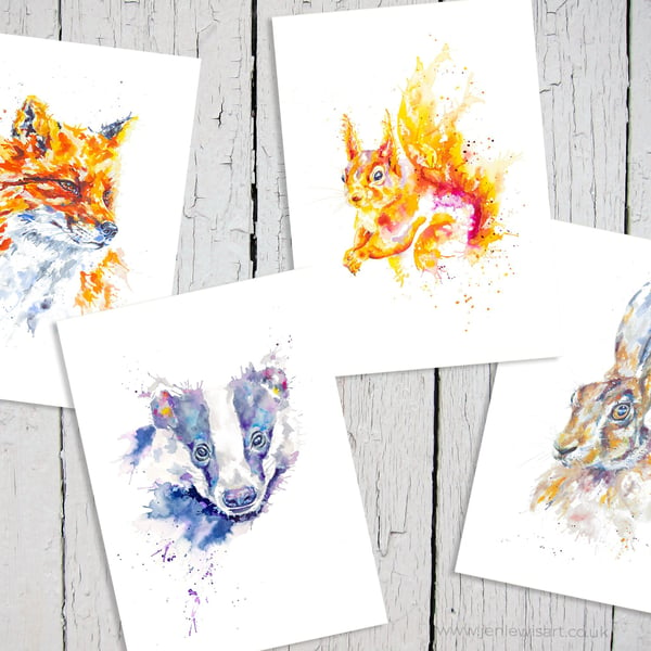 British Wildlife Art Cards, fox hare badger squirrel, premium quality, set of 4