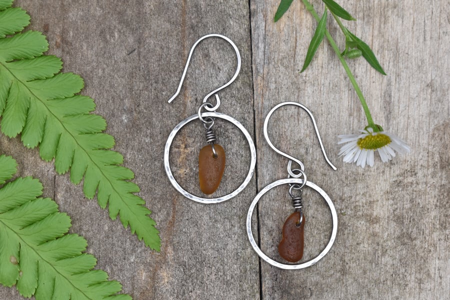 Sea Glass and Sterling Silver Circle Earrings, Amber