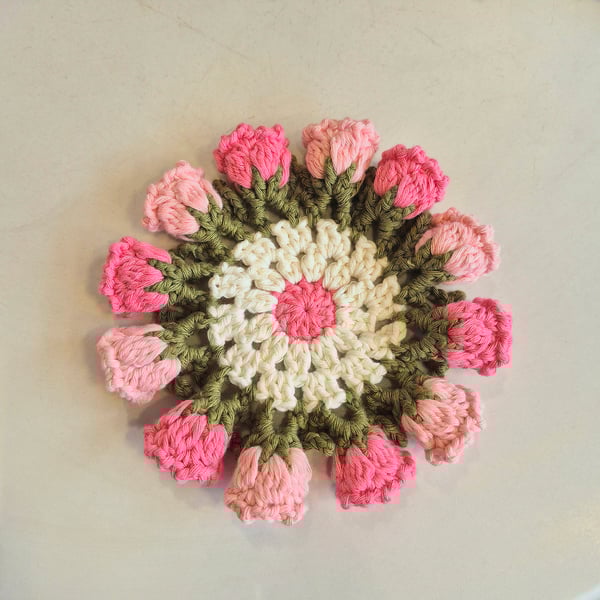Crochet Flower Coaster with Pot – Sweet Pink Handmade Tea Coaster – Gift