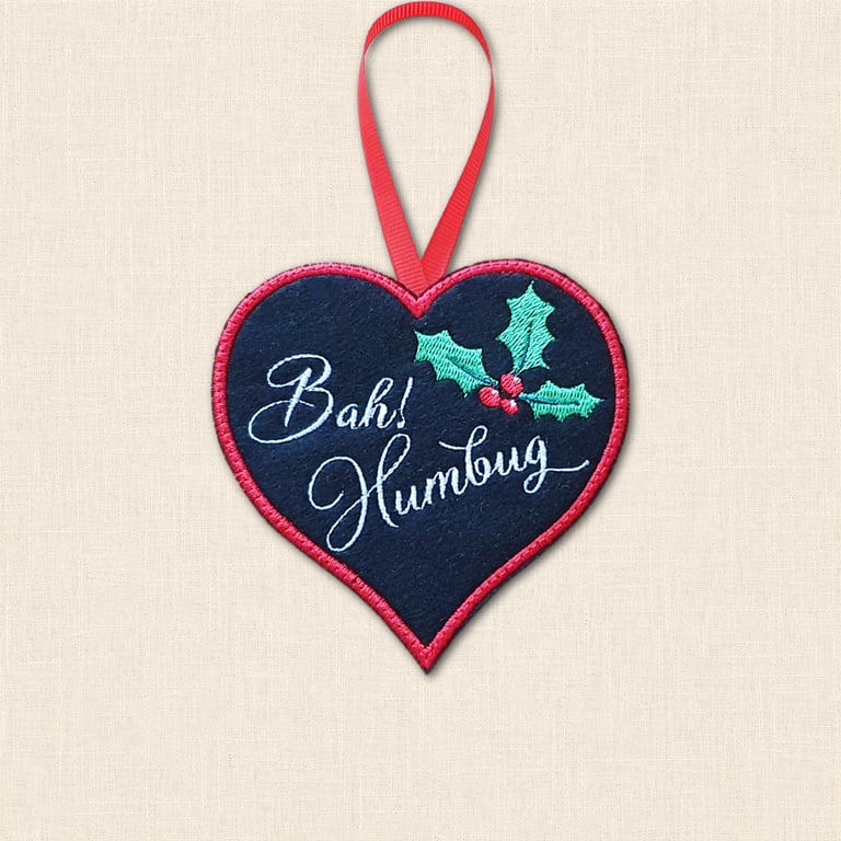 Bah Humbug Heart Christmas Decoration - Embroidered Tree Ornament