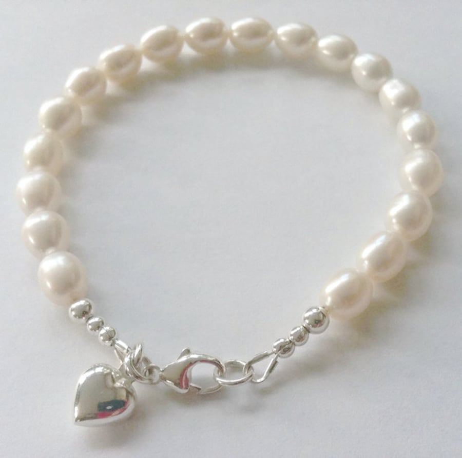 Sterling Silver Pearl Heart Charm Bracelet White Ivory Bridal Bridesmaid Gift