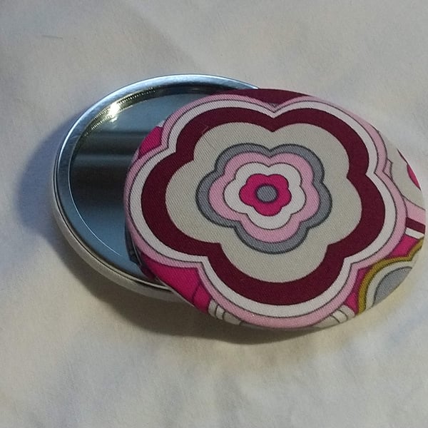 Pink Patterned Fabric Backed Pocket Mirror