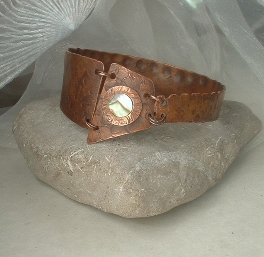"Armour" Rustic Textured Copper Bangle Cuff with Mother of Pearl
