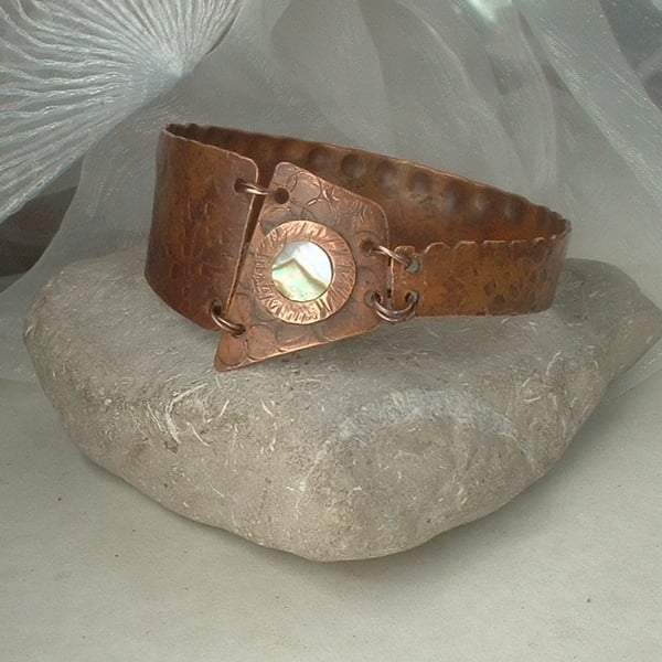 "Armour" Rustic Textured Copper Bangle Cuff with Mother of Pearl