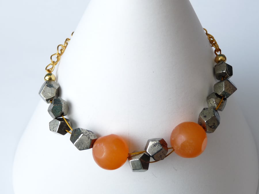 Orange Frosted Chinese Quartzite Jade & Pyrite Heart Tassel Bracelet 