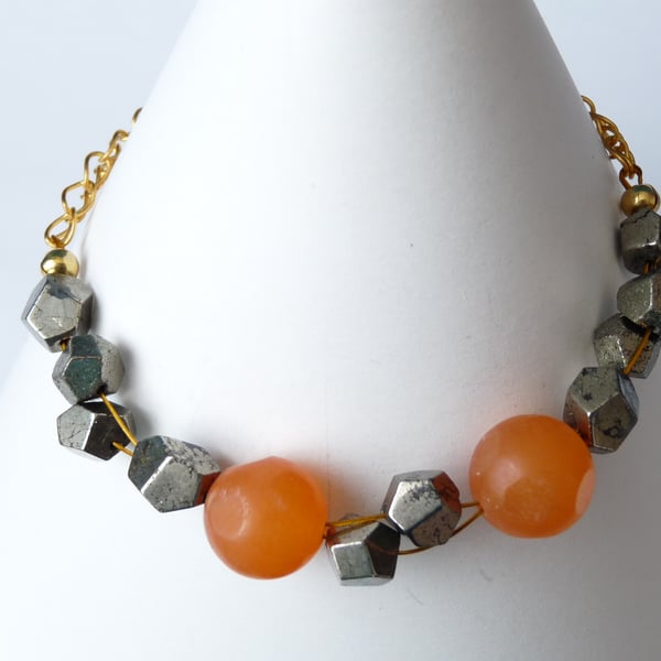 Orange Jade and Pyrite Chain Bracelet - Genuine Gemstone