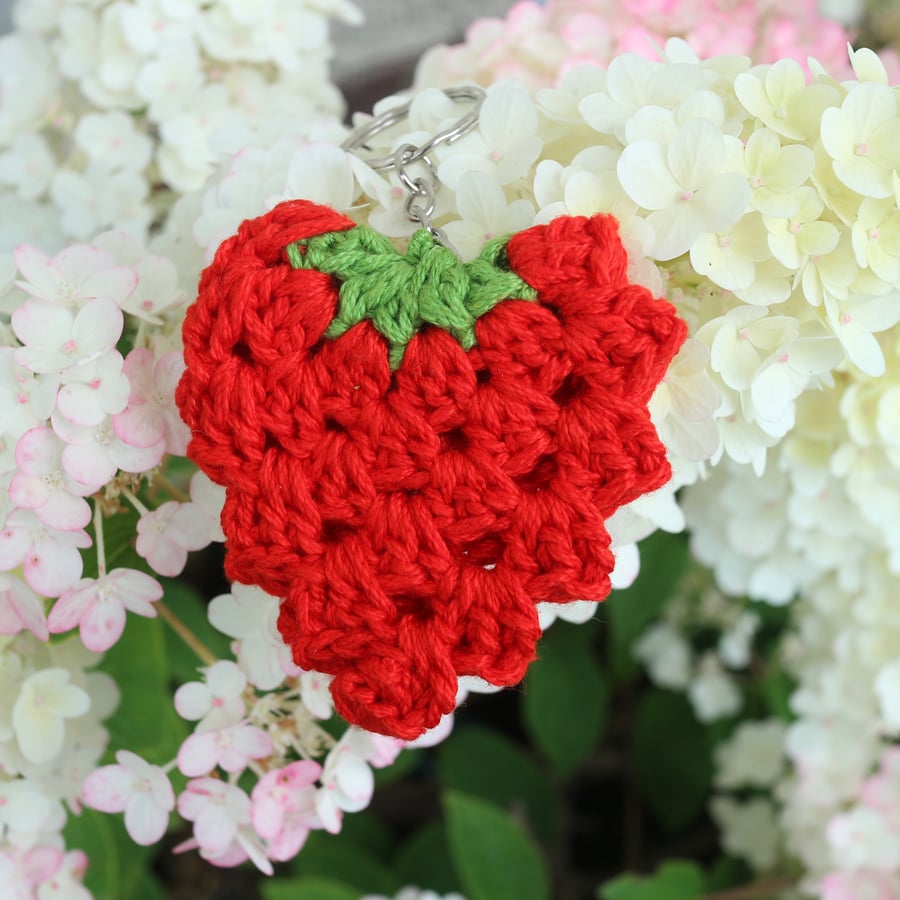 Handmade Strawberry Crochet Keyring - Red 