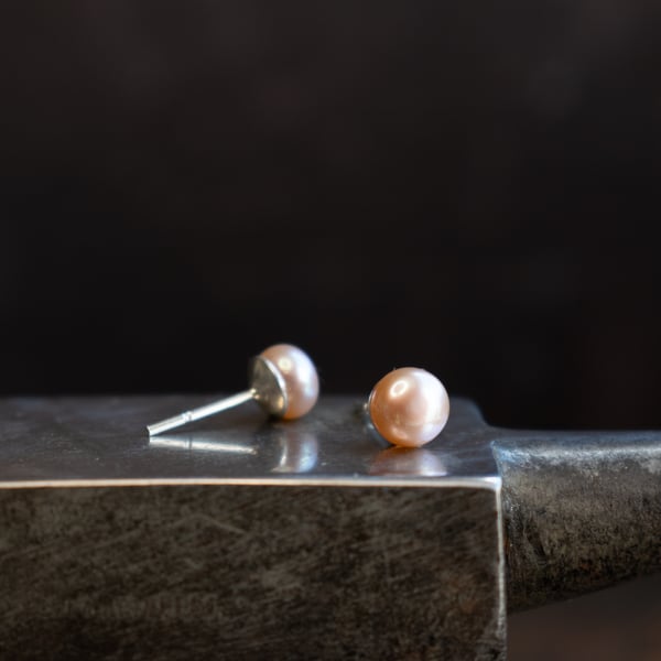 Pearl Stud Earrings - Pink Peach Real Pearl Jewellery - Sterling Silver Studs