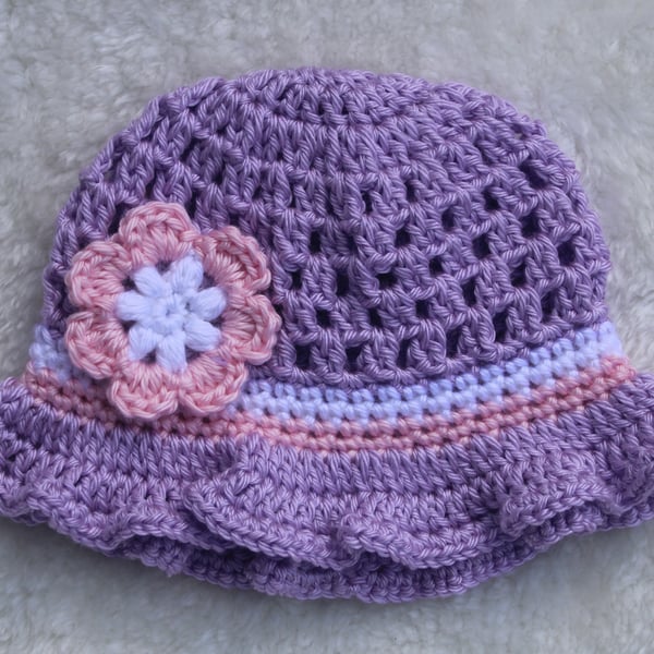 Baby Hat, Spring Sun Hat, Purple and Pink, Sizes New Baby - 24 Months