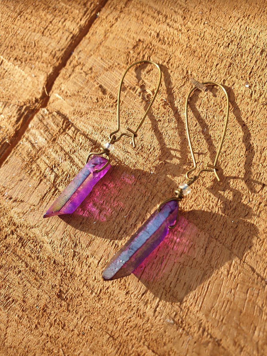 Handmade dyed quartz and antiqued bronze with glass bead accent crystal earrings