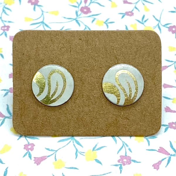 Recycled vintage tin gold leaf and cream circle studs