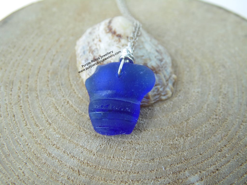 Deep Cobalt Blue Lyme Regis Bottle Neck Sea Glass Necklace N627