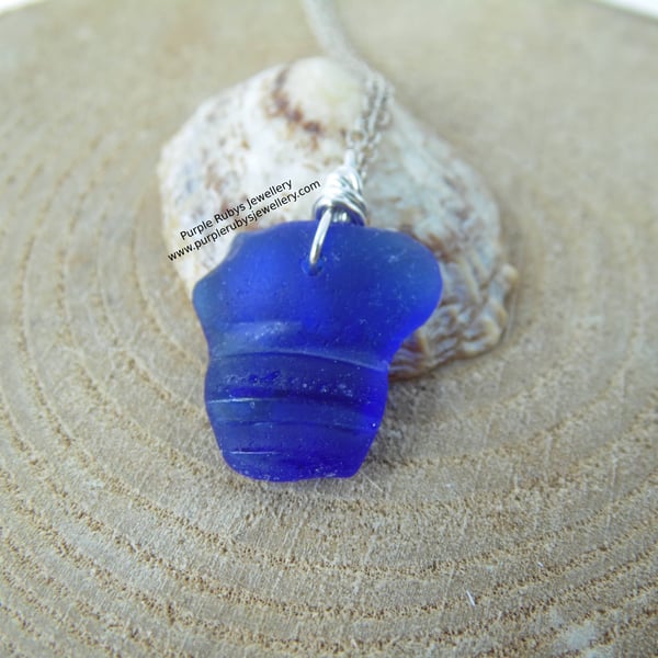 Deep Cobalt Blue Lyme Regis Bottle Neck Sea Glass Necklace N627