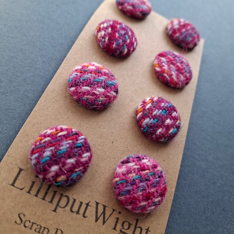 Set of eight scrap bag buttons - pink and multi Harris Tweed