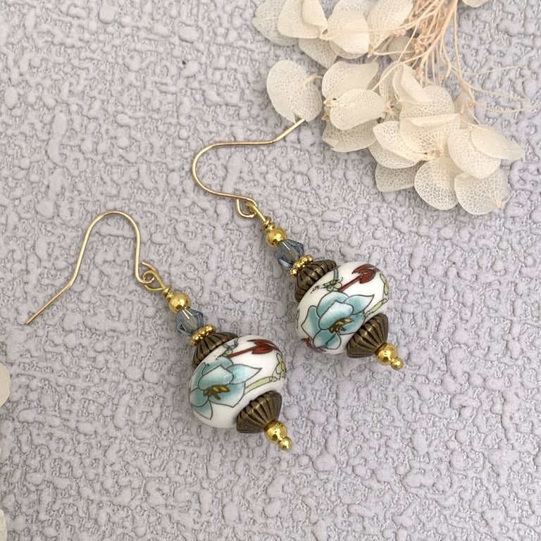 Chinese Style Porcelain Bead Drop Earrings