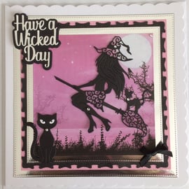 Pagan Halloween Card Have a Wicked Day Sexy Witch Cats 3D Luxury Pink