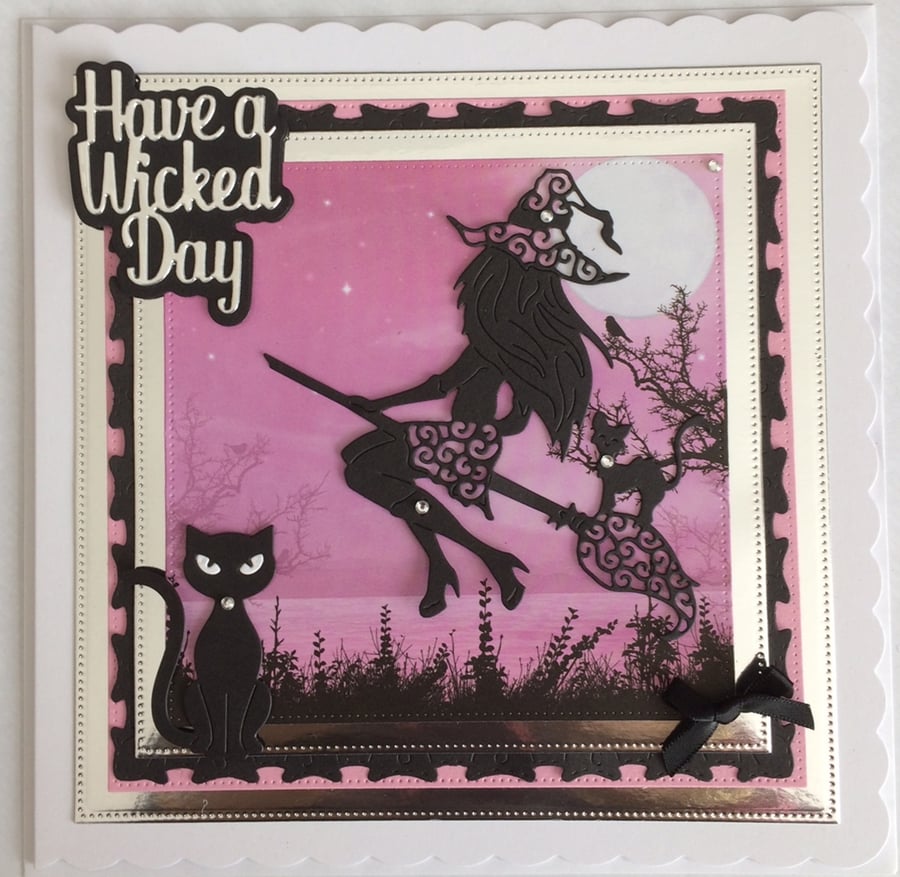 Pagan Halloween Card Have a Wicked Day Sexy Witch Cats 3D Luxury Pink