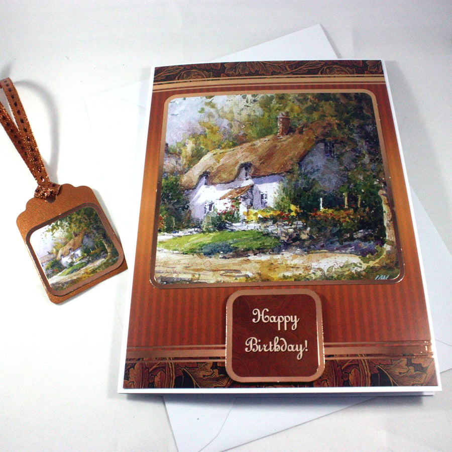 Birthday card and matching gift tag - thatched cottage