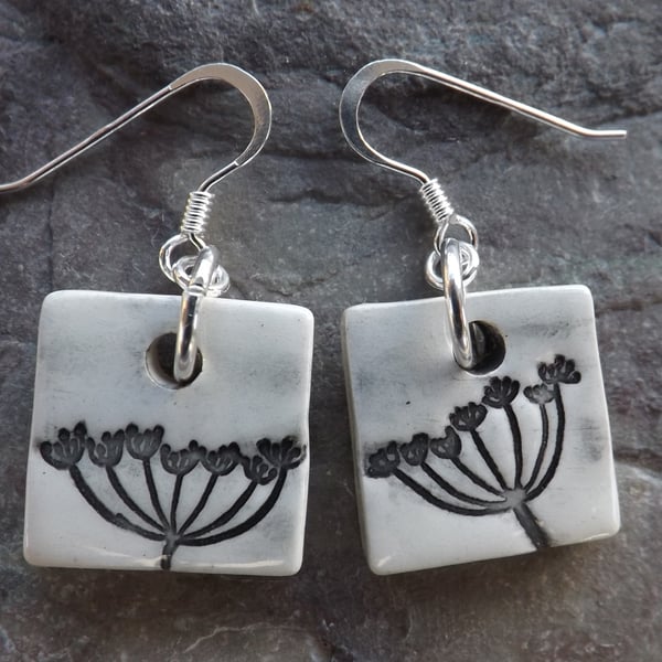 Cow Parsley ceramic and sterling silver drop earrings in black, white and grey