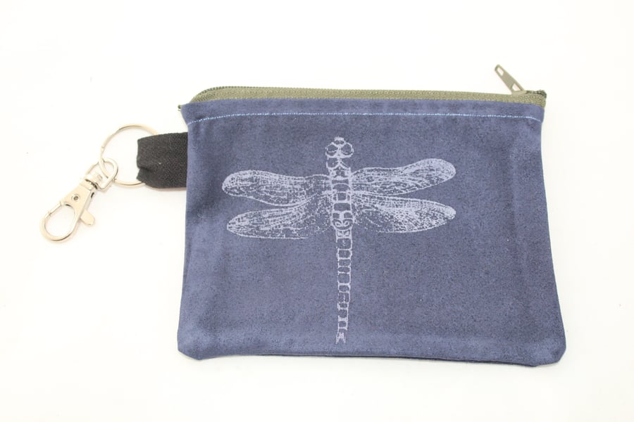 Handmade blue suede effect purse,hand print dragonfly, Eco key coin pouch, gift.
