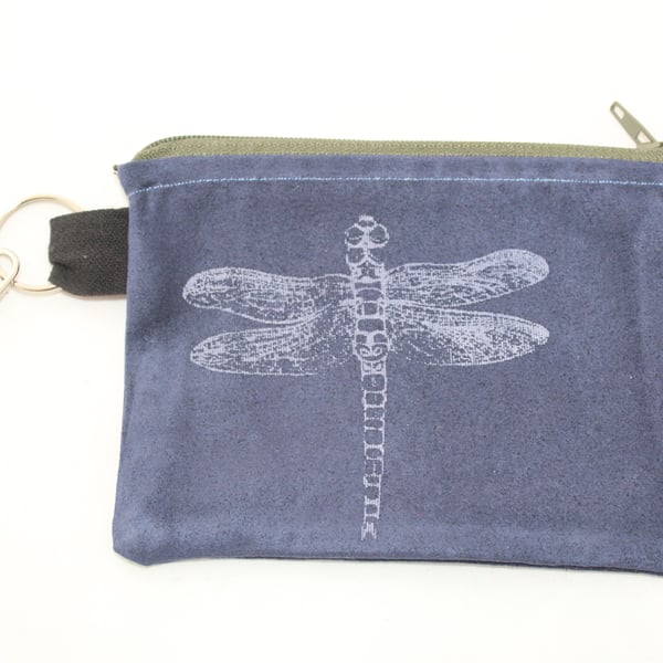 Handmade blue suede effect purse,hand print dragonfly, Eco key coin pouch, gift.