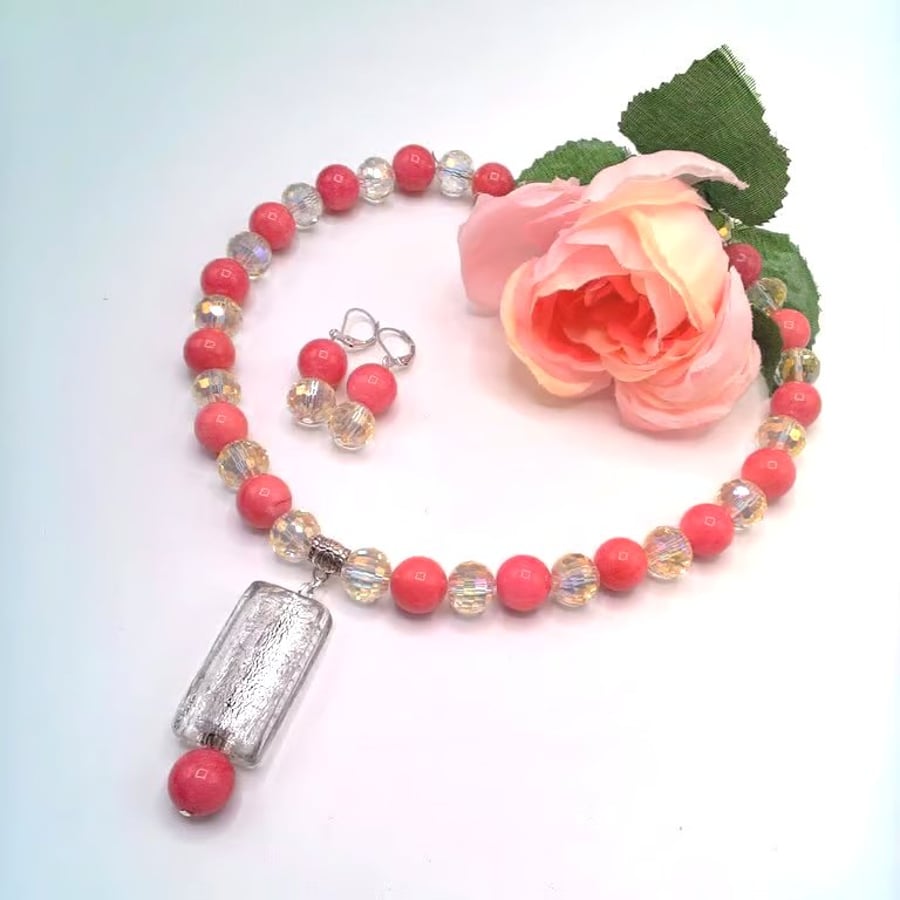 Hot Pink Beads and Glitter Ball Crystal Bead Necklace and Earrings, Gift for Her