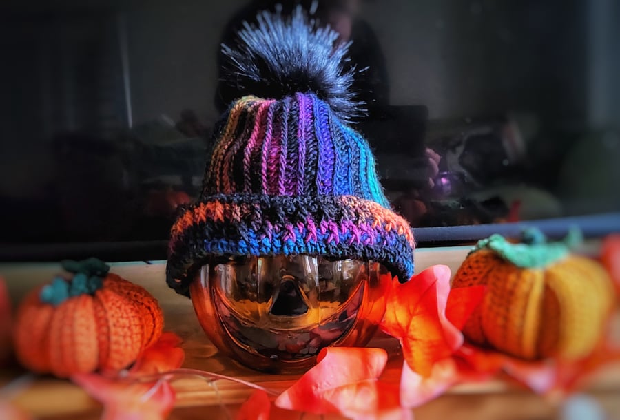 Dark rainbow crochet hat