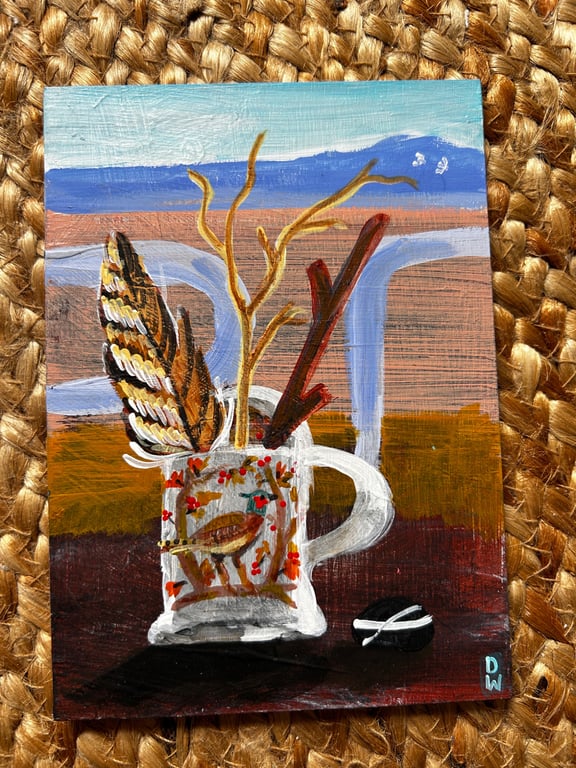 Original art still life autumn seaside on wood