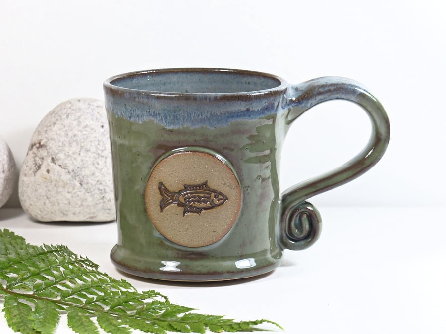 Fish in a deep green pool Mug - Handmade Wheelthrown Stoneware Ceramics