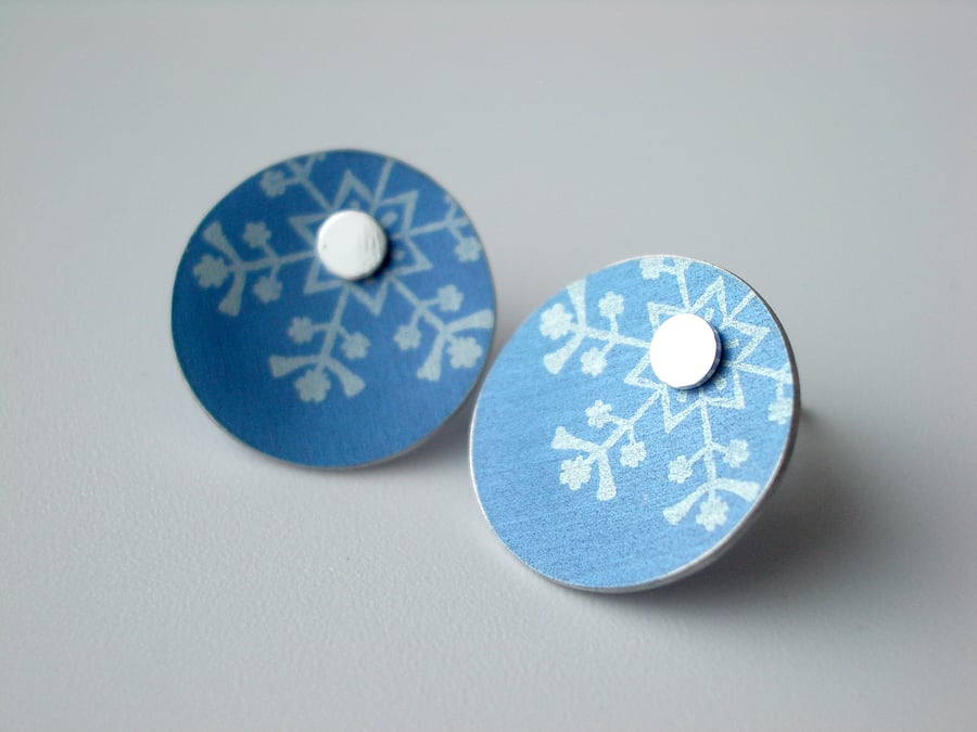 Snowflake Christmas winter earrings studs in blue and silver