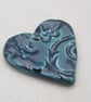 Medium Petrol Blue Brocade Texture Heart Shaped Ceramic Pendant - Image 2
