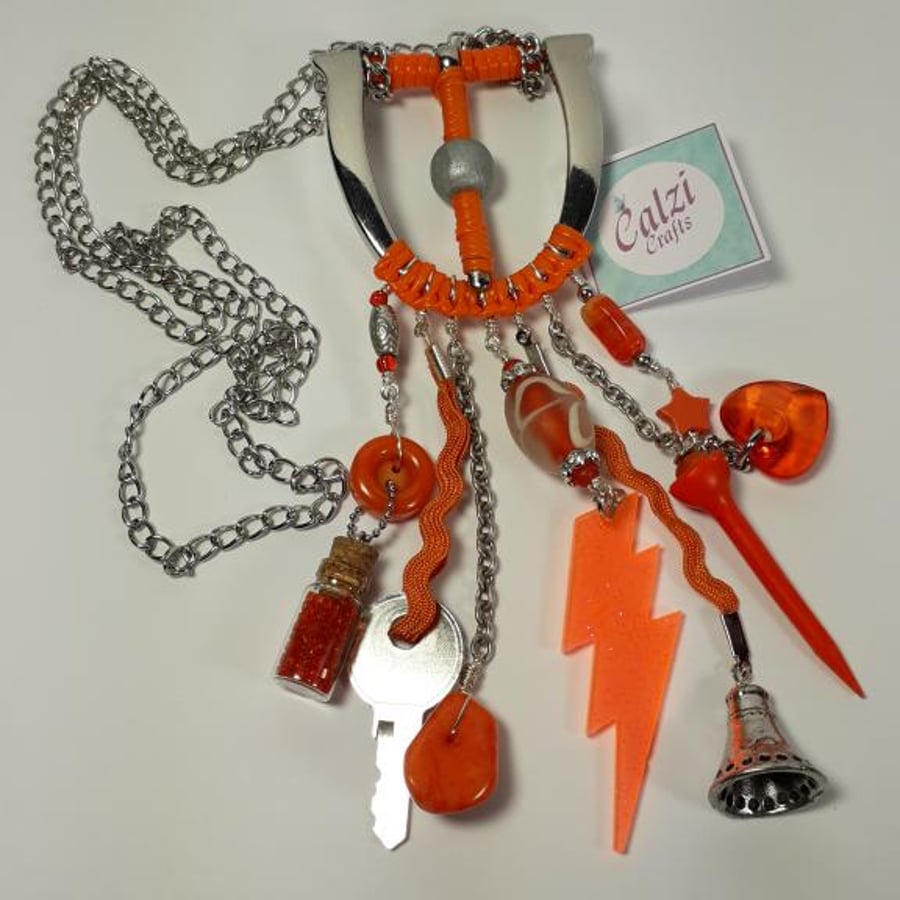 Upcycled Large Silver Tone Buckle & Orange Charm Boho Necklace