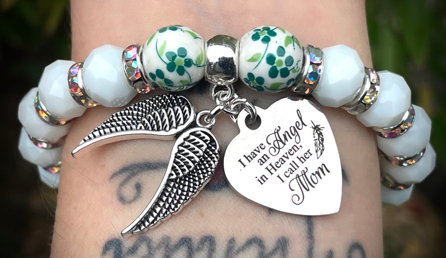 Mom Heaven Memorial Bracelet Green White Beads