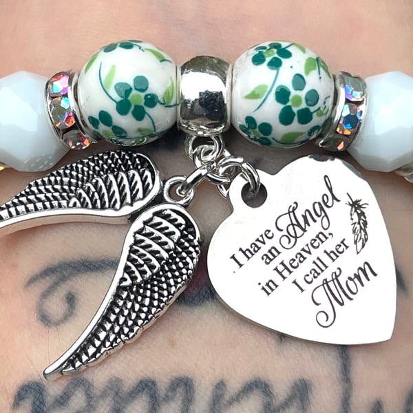 Mom Heaven Memorial Bracelet Green White Beads