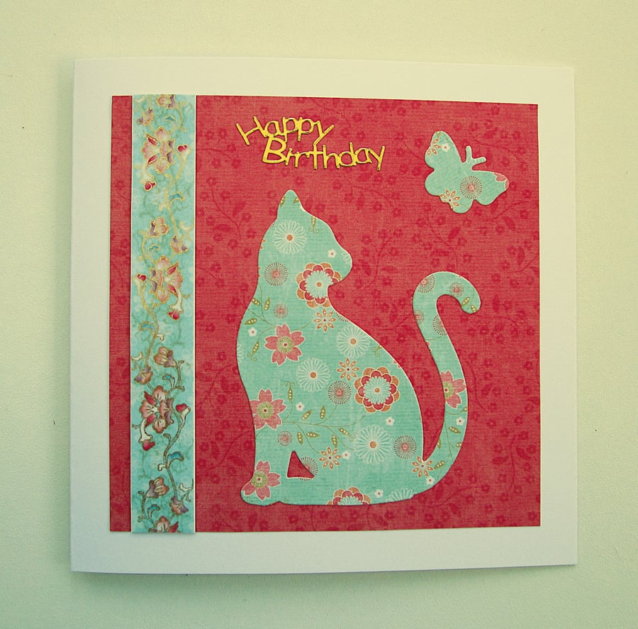 Oriental floral cat and butterfly birthday card