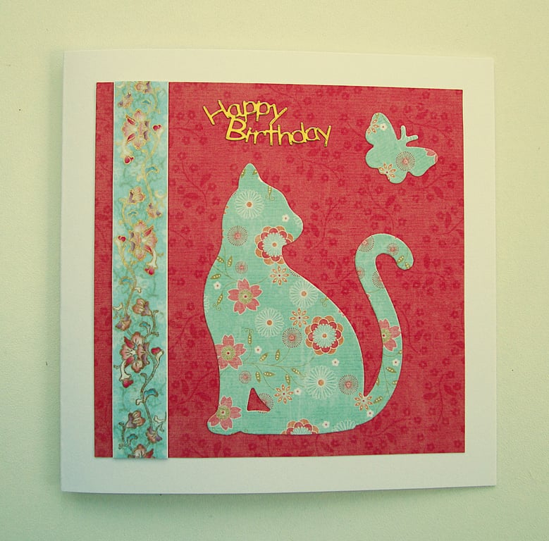 Oriental floral cat and butterfly birthday card