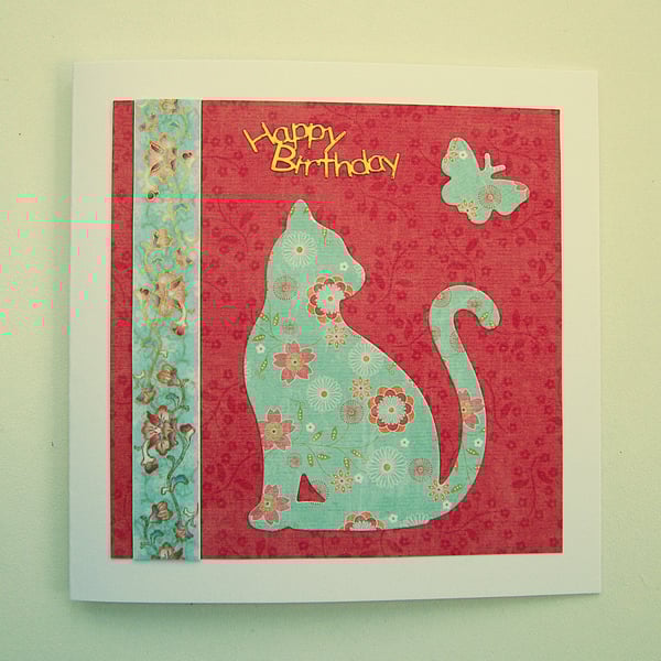 Oriental floral cat and butterfly birthday card